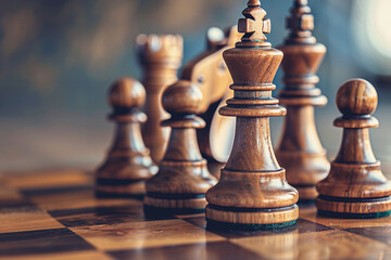Beautiful chess piece standing on checkered game board during strategic game of chess