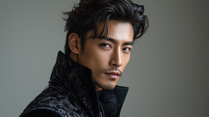 Handsome Asian Man in Black Velvet Jacket