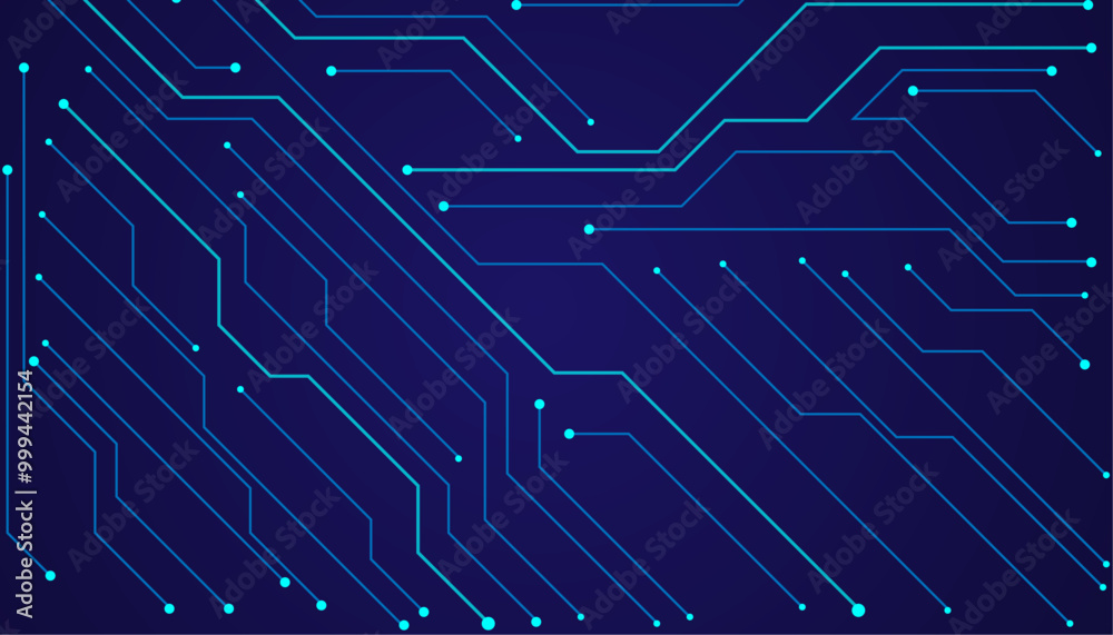 Poster Vector illustration fantastic digital technology. Thin circuit trace lines in blue on a dark technology background.