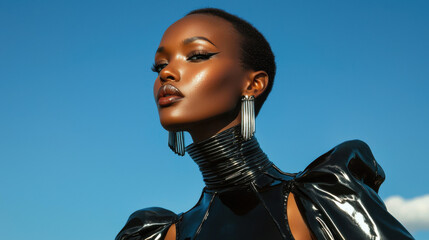 Black Woman In Fashion Portrait Against Blue Sky