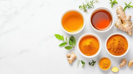 Colorful arrangement of spices and oils in bowls, garnished with fresh herbs, showcasing the beauty of natural ingredients and their health benefits.