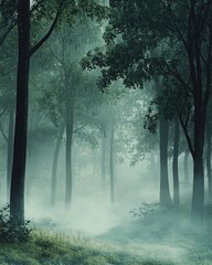 Obraz premium Misty Forest Scene with Trees