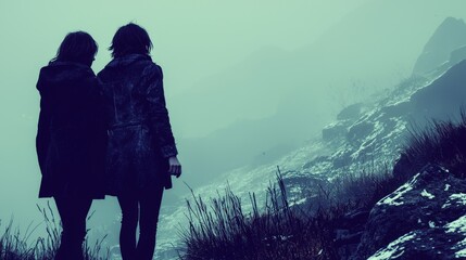 Young Adventurers on a Misty Pathway in Watercolor Style