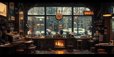 A cozy cafe with a fireplace, large windows, and snow-covered street outside.