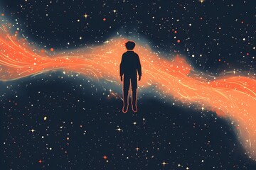 Fototapeta premium Solitary silhouetted figure floating through the cosmic expanse of the universe