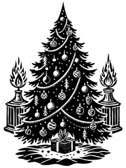 Obraz premium Festive Christmas Tree with Gifts and Candles Illustration