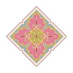 Square grille pattern with recesses at the edges. There is a green flower inside surrounded by pink leaves with green edges.