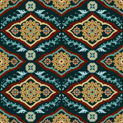 Traditional Thai fabric, blue vine pattern surrounded by floral pattern in square frame, seamless diamond damask with flowers on dark background.