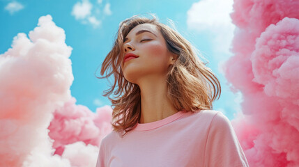 Portrait a beautiful young woman with closed eyes and pink clouds in background. Dreamy girl with long hair, happy face, and pretty smile enjoying fantasy sky