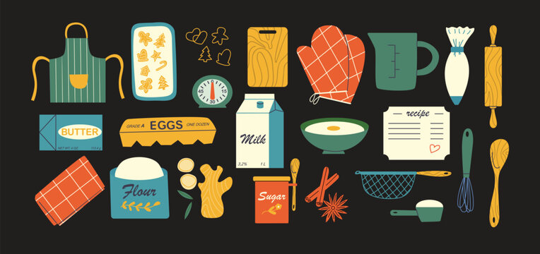 Ingredients, utensils and tools for baking set of elements isolated on black background. Flat style with vintage colors