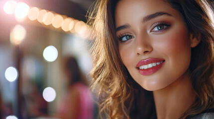 Fototapeta premium Portrait of beautiful young woman with makeup and red lips, glamour model looking at camera with attractive face and hair, studio of fashionable female adult with elegance and style.