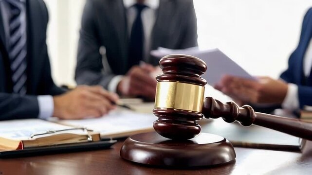 A gavel sitting on a table, with two lawyers in suits in the background.. AI Generation