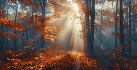 Obraz premium Mystic autumn forest fog, sun rays.