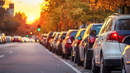 Cars parked in row city street sunset. Urban scene with stationary, blurred traffic in background. Dusk glow shiny automotive paint, asphalt road. In modern transportation.