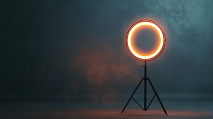 Lighting setup with a circular light in a dimly lit studio environment at night