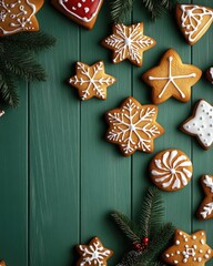 Fototapeta premium Festively decorated cookies on a green wooden background