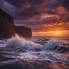 Hyperrealistic close-up of stormy seascape at twilight with massive waves crashing against cliffs and vibrant sky hues
