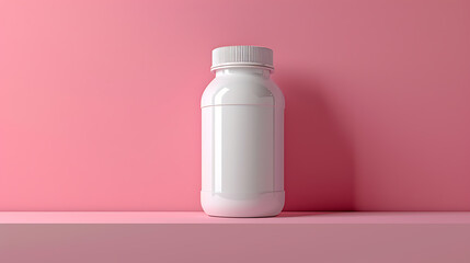 A white plastic bottle with a blank label sits on a pink shelf against a pink background. The bottle is ready for your product design.