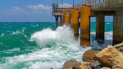 Dramatic Waves Crashing Against Concrete Pier in Ocean