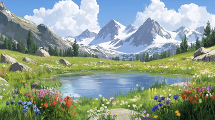 Joyful Mountain Landscape with Snow-Capped Peaks