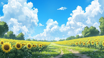 Joyful Summer Landscape with Sunflower Field