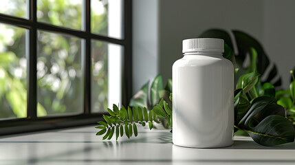 A white pill bottle sits on a table with green leaves behind it, the scene illuminated by natural light.