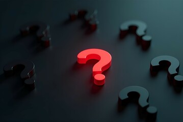 A red question mark is surrounded by black ones on a black background