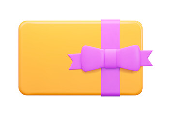 3d yellow gift card with purple bow. Gift certificate for promotion of goods for holidays, birthdays and discount coupon concept. Stock vector illustration on isolated background.