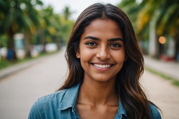 Fototapeta premium Close portrait of a smiling young Maldivian woman looking at the camera, Maldivian outdoors blurred background