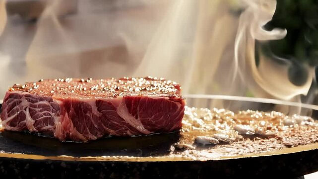 Slow motion video of wagyu beef searing on hot stone with side light.