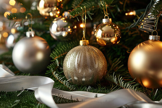 Elegant Arrangement of Christmas Tree Ornaments with Gold and Silver Decorations Shining Under Side Lighting &ndash; Ribbons in the Foreground Enhance the Sophistication of This Festive Flat Design
