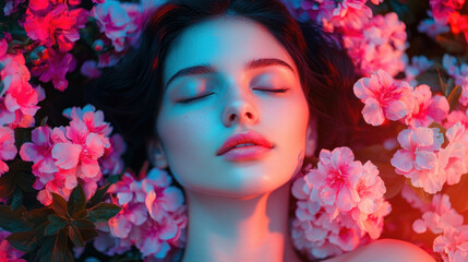 Fototapeta premium Beautiful young woman with closed eyes and pink flowers face. Dreamy floral portrait peaceful female beauty blooming with natural springtime happiness, serene relaxation, and gentle feminine dreams.