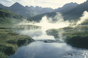 The rising steam from hot springs in the rugged mountains showcases the intricate relationship between water and geothermal energy