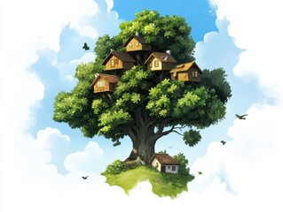 A giant tree with small houses on its branches