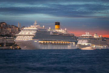 Cruise ships in the port in Galataport, Istanbul, Turkey. Tranquil sunset over a dock with a moored cruise ship