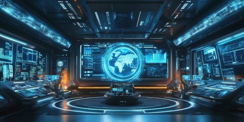 Obraz premium a virtual tour in a futuristic architectural setting, featuring immersive environments, holographic displays, and advanced digital interfaces.