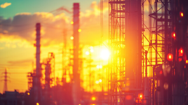 Oil refinery sunset. Energy industrial background. Manufacturing factory production. Steel structure complexity. Chemical engineering business. Gasoline fuel technology. Pollution smoke chimney. - Powered by Adobe