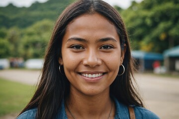 Close portrait of a smiling young Nauruan woman looking at the camera, Nauruan outdoors blurred background