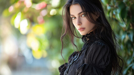 Naklejka premium Beautiful Woman with Green Eyes in Black Dress