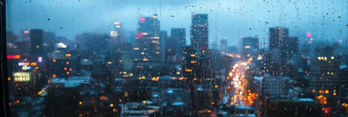 Fototapeta premium Rainy Evening Cityscape, blurred reflections of vibrant city lights dance on the window, creating a moody urban atmosphere.
