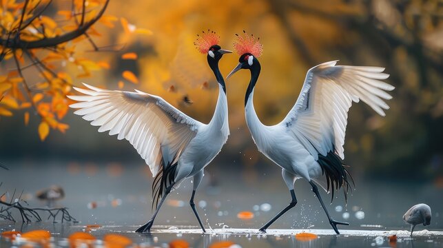 A striking red-crowned crane dancing during courtship.