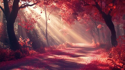 A sunlit road through a red autumn forest, with soft rays of light casting shadows on the ground