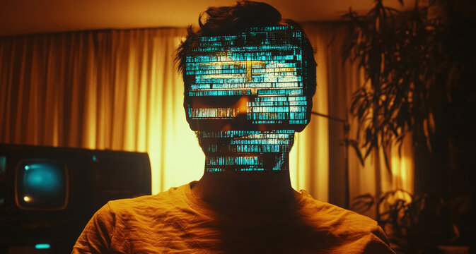 Video projection of analog distorted teletext image projected onto a hallucinating vintage character of a man. The projection is overlaid onto his appearance, blurring and contorting it.