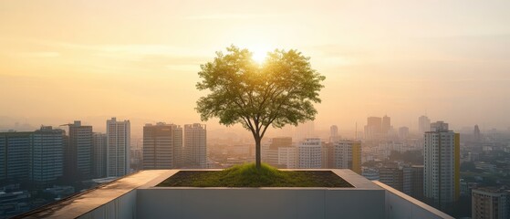 A solitary tree stands atop a building, bathed in warm sunlight, contrasting nature with an urban skyline during sunrise.