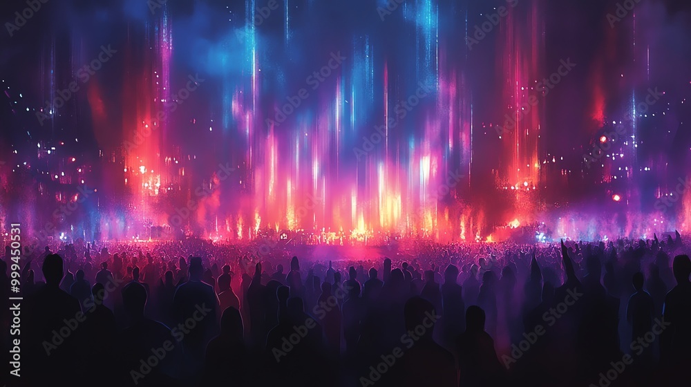 Poster a large crowd of silhouettes stands in front of a stage with colorful lights and smoke.