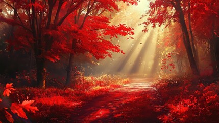 A sunlit road through a red autumn forest, with soft rays of light casting shadows on the ground