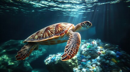 Obraz premium A vibrant sea turtle gracefully swims through clear waters, surrounded by colorful coral and illuminated by sunbeams.