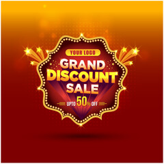 Grand Discount Sale Decorative 3D Logo. Shopping,  Advertising, Marketing, Promo, Sale, Offer, Celebrations, Discount, Indian Backgrounds