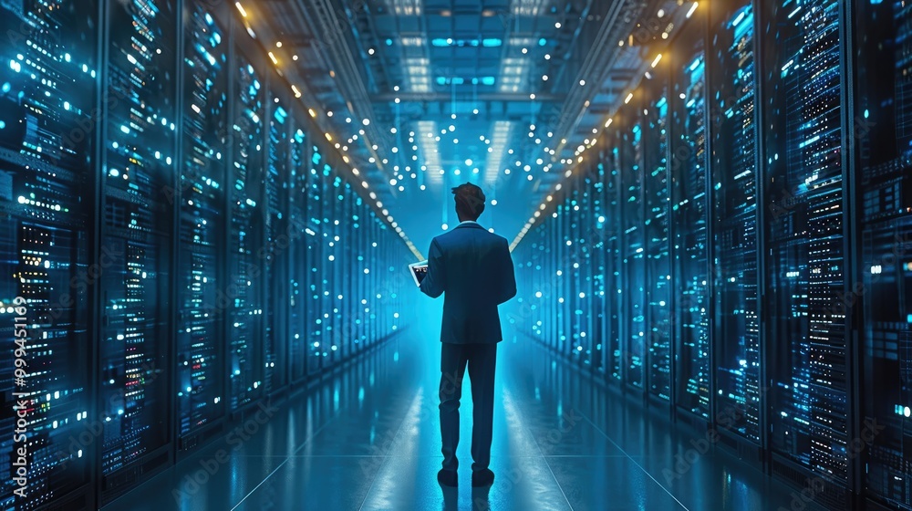 Poster an information digitalization line streaming through servers, with a data center chief technology of