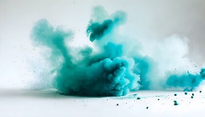 teal blue green fog or smoke color powder splatted white background